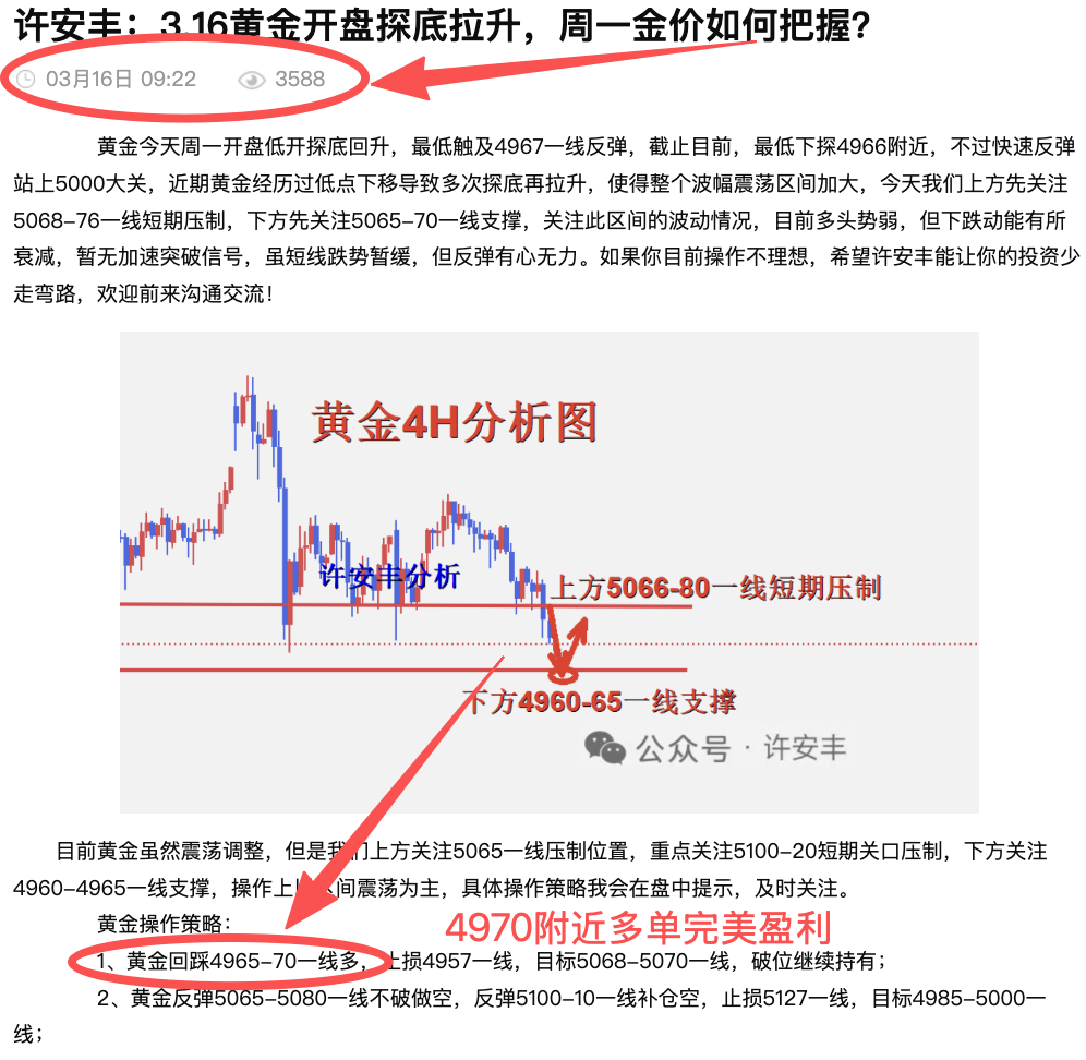 许安丰：3.16黄金晚间操作策略，回撤70布多再添盈利